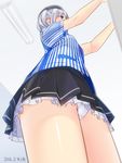  ama_mitsuki ass blue_eyes ceiling ceiling_light dated employee_uniform kantai_collection kashima_(kantai_collection) lawson panties pantyshot pantyshot_(standing) shirt silver_hair solo standing striped striped_shirt twintails underwear uniform vertical-striped_shirt vertical_stripes wavy_hair white_panties 