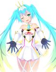  aqua_eyes aqua_hair blush cowboy_shot crypton_future_media detached_collar elbow_gloves gloves goodsmile_racing grapepop hatsune_miku head_tilt highres long_hair max_factory necktie one_eye_closed outstretched_arms race_queen racing_miku racing_miku_(2015) solo thighhighs tiara vocaloid 