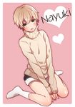  an_hajime blonde_hair blush character_name full_body heart male_focus nayuki_tooru open_mouth shorts sitting socks solo starmyu sweater turtleneck wariza white_legwear yellow_eyes 