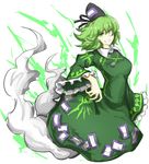  bad_id bad_pixiv_id breasts dress electricity frilled_sleeves frills full_body ghost_tail green_dress green_eyes green_hair grin hand_up hat kan_(aaaaari35) long_sleeves looking_at_viewer medium_breasts print_dress shiny shiny_hair simple_background smile soga_no_tojiko solo tate_eboshi touhou white_background wide_sleeves 