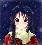  akiyama_mio alternate_eye_color bad_id bad_pixiv_id black_hair hiro9779 k-on! long_hair mittens purple_eyes scarf snow solo 