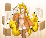  :/ absurdres animal_ears bare_shoulders blonde_hair book book_focus brown_legwear dagger detached_sleeves eyebrows eyebrows_visible_through_hair floating_book fox_ears fox_girl fox_tail highres ink less light_smile long_hair multiple_tails multitasking open_book original ponytail quill solo tail tattoo thighhighs weapon wide_sleeves writing yellow_eyes 
