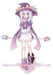  belt black_cat blue_hair blush boots bow cat character_request fantasy_earth_zero floral_print flower full_body hat hat_flower highres konatsu_miyu long_hair long_sleeves looking_at_viewer pink_bow pom_pom_(clothes) purple_eyes scarf simple_background solo staff white_background witch_hat 
