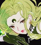  bishoujo_senshi_sailor_moon black_background black_moon_clan brown_eyes close-up crescent crystal_earrings dated earrings esmeraude_(sailor_moon) face facial_mark forehead_mark gloves green_gloves green_hair jewelry lipstick long_hair looking_at_viewer makeup red_lipstick signature smile solo yukinami_(paru26i) 