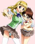  :d arm_grab arm_hug bangs blonde_hair blunt_bangs brown_hair brown_skirt cowboy_shot cravat eyeshadow glasses kikukawa_yukino long_hair makeup miniskirt multiple_girls my-hime open_mouth panties pantyshot pantyshot_(standing) pink_background sanshita school_uniform semi-rimless_eyewear short_hair short_sleeves simple_background skirt skirt_lift smile standing suzushiro_haruka thighhighs under-rim_eyewear underwear vest white_legwear 