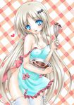  apron bangs bat_hair_ornament blue_eyes blush bowl breasts chocolate cowboy_shot eyes_visible_through_hair frilled_apron frills hair_ornament head_tilt heart holding holding_bowl light_brown_hair little_busters! long_hair looking_at_viewer mixing_bowl naked_apron noumi_kudryavka open_mouth plaid plaid_background ren_(endscape20) silver_hair small_breasts smile solo strap_slip thighhighs traditional_media very_long_hair whisk white_apron white_legwear 