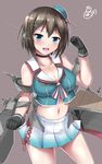  :d ascot bare_shoulders beret black_gloves blue_eyes breasts brown_hair choker cleavage crop_top flexing gloves hat headgear jotarozaku kantai_collection large_breasts looking_at_viewer machinery maya_(kantai_collection) midriff mini_hat miniskirt navel open_mouth pleated_skirt pose remodel_(kantai_collection) short_hair skirt smile solo white_skirt 