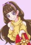  amanogawa_kirara bow brown_hair chocokin earrings gift giving go!_princess_precure hair_bow hairband jewelry long_hair looking_at_viewer nail_polish precure purple_background purple_bow purple_eyes purple_hairband red_nails shirt smile solo twintails upper_body yellow_shirt 