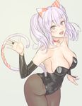  :d arched_back bare_shoulders bell bell_collar black_legwear breasts cleavage collar collarbone elbow_gloves gloves grey_eyes kantai_collection kashima_(kantai_collection) kittysuit large_breasts leotard looking_at_viewer open_mouth pantyhose smile solo tail teeth white_hair yuuji_(and) 