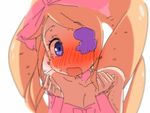  1girl blonde_hair blush bow drill_hair earrings eyepatch hair_bow harime_nui jewelry kill_la_kill ribbon twin_drills twintails 