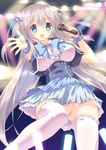  blue_eyes dress grey_hair highres long_hair microphone moe2016 mutsuno_hekisa no_bra no_panties original outstretched_hand pussy_juice see-through smile solo thighhighs twintails underbust upskirt vest wet wet_clothes white_legwear 