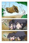  black_hair braid brown_eyes closed_eyes commentary_request crossover girls_und_panzer grey_hair grin ground_vehicle hat kantai_collection military military_vehicle motor_vehicle multicolored_hair multiple_girls open_mouth pepperoni_(girls_und_panzer) short_hair short_hair_with_long_locks smile tank tokitsukaze_(kantai_collection) two-tone_hair two_side_up wata_do_chinkuru 