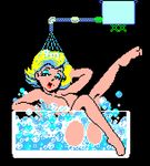  barefoot bath black_background black_eyes blonde_hair breasts bubble commentary_request eyeshadow frisky_tom full_body half-closed_eyes large_breasts lips makeup mole nude oldschool open_mouth pixel_art saiwai_hiroshi simple_background solo 