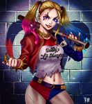  baseball_bat belt blonde_hair blue_eyes blue_hair bracelet breasts come_at_me_bro dc_comics ear_piercing eyeshadow fang fishnet_pantyhose fishnets forehead gradient_hair grin harley_quinn highres jacket jewelry lipstick long_hair makeup making_of medium_breasts multicolored multicolored_clothes multicolored_hair multicolored_jacket multicolored_shorts navel pantyhose piercing pink_hair pinky_out ryu_shou safety_pin short_shorts shorts smile solo spiked_bracelet spikes studded_belt suicide_squad torn_clothes twintails 