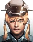  anchor_hair_ornament beard blew_andwhite blonde_hair closed_mouth collar cosplay expressionless facial_hair gradient gradient_background green_eyes grey_background grey_hat hair_ornament hat highres kantai_collection leonardo_dicaprio lips looking_at_viewer male_focus military military_uniform peaked_cap prinz_eugen_(kantai_collection) prinz_eugen_(kantai_collection)_(cosplay) real_life short_hair simple_background twintails uniform upper_body 