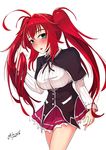  2015 ahoge alternate_hairstyle aqua_eyes blush breasts buttons capelet dated frilled_skirt frills high_school_dxd highres kuoh_academy_school_uniform large_breasts long_hair long_sleeves looking_at_viewer open_mouth red_hair rias_gremory simple_background skirt solo twintails very_long_hair white_background yokura_(yukilina) 
