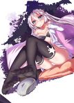  black_bra black_legwear blanket blue_eyes bra breasts dk.senie feet highres long_hair medium_breasts mouse_(computer) original panties pillow side-tie_panties silver_hair sitting soles solo star star_print thighhighs toes underwear white_panties 