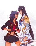  bakuzan black_hair blue_eyes clenched_hands confrontation eyebrows fangs glaring grip height_difference herokick highres holster junketsu kill_la_kill kiryuuin_satsuki long_hair matoi_ryuuko midriff multicolored_hair multiple_girls navel senketsu streaked_hair thick_eyebrows 