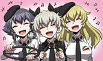  :d ^_^ anchovy anzio_school_uniform beamed_eighth_notes beamed_sixteenth_notes black_cape black_hair black_neckwear blonde_hair braid breasts cape carpaccio closed_eyes eighth_note girls_und_panzer green_hair hair_ribbon hat holding large_breasts long_hair long_sleeves minazuki_juuzou multiple_girls music musical_note necktie open_mouth pepperoni_(girls_und_panzer) ribbon riding_crop school_uniform shirt short_hair singing smile twintails uniform 