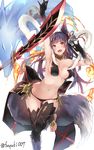  :d animal_ears arm_up armpits ass_visible_through_thighs bare_shoulders barefoot bell blush breasts choker elbow_gloves erune fangs fire fox_ears fox_shadow_puppet fox_tail gloves granblue_fantasy hair_bell hair_ornament highres jewelry leaning_forward leg_up long_hair medium_breasts nanahara_fuyuki navel open_mouth purple_hair red_eyes smile solo sword tail thigh_gap thighhighs weapon yuel_(granblue_fantasy) 