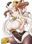  &gt;:) animal_hat bell breast_hold breasts brown_eyes brown_gloves brown_hair crossed_arms daetta_(granblue_fantasy) draph fur_trim gloves granblue_fantasy hat horns jingle_bell knee_pads large_breasts long_hair looking_at_viewer onsoku_maru pantyhose pointy_ears simple_background smile solo v-shaped_eyebrows white_background 