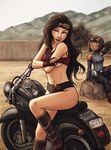  asami_sato avatar_(series) boots breasts brown_hair commentary derivative_work english fingerless_gloves gloves goggles goggles_on_head green_eyes ground_vehicle high_heel_boots high_heels highleg iahfy knee_boots korra leg_up long_hair medium_breasts motor_vehicle motorcycle multiple_girls naughty_face no_bra shirt_lift short_shorts shorts smile solid_oval_eyes tank_top the_legend_of_korra toned underboob 