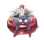  arched_back ass black_legwear boots breasts brown_eyes brown_footwear brown_hair car ground_vehicle knee_boots large_breasts looking_at_viewer looking_back mazda mazda_rx-7 motor_vehicle original packge short_hair short_shorts short_sleeves shorts solo tank_top thighhighs 