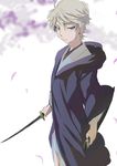  aldnoah.zero blonde_hair cloak green_eyes japanese_clothes katana male_focus slaine_troyard solo sword tarakoutibiru weapon 
