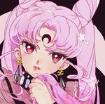 bishoujo_senshi_sailor_moon black_background black_lady blush chibi_usa close-up crescent crystal_earrings dated double_bun earrings face facial_mark forehead_mark jewelry long_hair looking_at_viewer older pink_hair red_eyes signature solo twintails yukinami_(paru26i) 