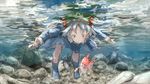  backpack bag blue_dress blue_eyes blue_hair bubble dress fish hair_bobbles hair_ornament kawashiro_nitori long_sleeves outstretched_arms smile solo touhou twintails underwater yushika 