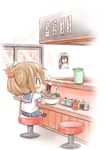  1girl akagi_(kantai_collection) bangs black_legwear blouse blush_stickers bowl brown_eyes brown_hair chibi chopsticks commentary counter drooling eating folded_ponytail food foot_dangle from_behind fujishima_shinnosuke inazuma_(kantai_collection) indoors kantai_collection long_sleeves noodles photo_(object) pitcher pleated_skirt ramen restaurant school_uniform serafuku shoes sitting skirt solo stool translated white_blouse window 