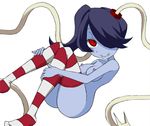  1girl bare_shoulders blue_skin blush bokusuzu breasts checkered hair_over_one_eye high_heels leviathan_(skullgirls) misaki_naoe nipples red_eyes side_ponytail skullgirls squigly_(skullgirls) stitched_mouth striped striped_legwear zombie 