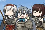  3girls :d ahoge blue_sky blush bow bow_(weapon) bowtie closed_eyes commentary dated day flying_sweatdrops grey_hair hair_between_eyes hairband hamu_koutarou ise_(kantai_collection) japanese_clothes kantai_collection kiyoshimo_(kantai_collection) long_hair low_twintails multiple_girls muneate ocean open_mouth ribbon-trimmed_sleeves ribbon_trim shoukaku_(kantai_collection) sky smile sparkling_eyes sweat sword twintails undershirt weapon white_hair 