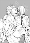  2boys anus artist_request ass blush bottomless fate/zero fate_(series) male_focus monochrome multiple_boys naughty_face penis rider_(fate/zero) simple_background size_difference source_request waver_velvet yaoi 