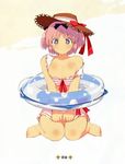  +_+ 1girl bikini breast_squeeze breasts hibari_(senran_kagura) innertube large_breasts looking_at_viewer off_shoulder pink_hair senran_kagura simple_background smile solo strap_slip sun_hat sunhat swimsuit wariza white_background 