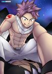  2boys abs bara fairy_tail male_focus multiple_boys muscle natsu_dragneel naughty_face outdoors pecs pink_hair straddling sweat tofu_(coolboyz18) undressing yaoi 