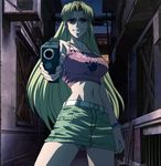  1girl black_lagoon blonde_hair breasts eda_(black_lagoon) glock_17 gun highres large_breasts long_hair screencap short_skirt skirt smile solo standing stitched weapon 