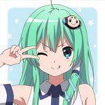  1girl 40cabbage aqua_eyes green_hair kochiya_sanae long_hair looking_at_viewer one_eye_closed simple_background touhou v wink 