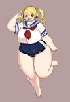  1girl blonde_hair blush breasts brown_eyes covered_navel fat headphones kjmvideo large_breasts looking_at_viewer nitroplus open_mouth plump running smile solo super_pochaco thick_thighs twintails wide_hips 
