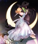  2girls bare_shoulders black_hair blonde_hair breasts cleavage dancing dress elphaba eye_contact glinda green_skin hand_holding looking_at_another moon multiple_girls oollnoxlloo tiara v-neck wicked witch witch_hat 