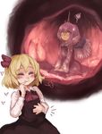  =3 ascot blonde_hair dress eyes_closed feathers giantess hair_ribbon heart inside_creature multiple_girls mystia_lorelei pink_hair ribbon rumia scribble short_hair simple_background smile stomach touhou utopia vore white_background wings 
