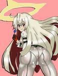  1girl ahoge arc_system_works artist_request ass bent_over blush bodysuit breasts candy from_behind gloves grin guilty_gear guilty_gear_xrd guilty_gear_xrd:_revelator halo jack-o_(guilty_gear) lollipop long_hair looking_at_viewer looking_back multicolored_hair red_eyes red_hair shiny shiny_clothes shiny_hair silver_hair smile solo very_long_hair 