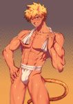  1boy abs animal_ears bara blonde_hair blue_eyes blush bulge looking_at_viewer lvlv male_focus muscle naughty_face pecs piercing smirk solo sweat tail topless towel underwear 