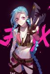 absurdres bags_under_eyes blue_hair braid bullet cowboy_shot dj.adonis fang fingerless_gloves flat_chest gloves grin highres jewelry jinx_(league_of_legends) league_of_legends long_hair midriff navel necklace pink_eyes rocket_launcher short_shorts shorts single_sleeve smile solo tattoo twin_braids v very_long_hair weapon 