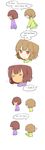 2others androgynous brown_hair chara_(undertale) closed_eyes comic commentary frisk_(undertale) highres korean misha_(hoongju) multiple_others red_eyes shirt spoilers striped striped_shirt translated undertale 