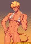  1boy abs animal_ears bara blonde_hair blue_eyes blush looking_at_viewer lvlv male_focus muscle naughty_face nude pecs penis piercing smirk solo sweat tail testicles towel 