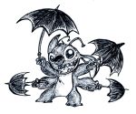  2007 4_arms alien antennae black_and_white chest_tuft disney experiment_(species) fur geekyreverie head_tuft holding_object holding_umbrella lilo_and_stitch looking_at_viewer low_res monochrome multi_arm multi_limb open_mouth open_smile sketch smile solo stitch traditional_media_(artwork) tuft umbrella 