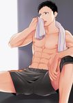  1boy abs bara black_hair haikyuu!! male_focus muscle pecs sawamura_daichi source_request tagme topless towel 