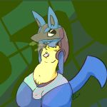  2019 anthro balls big_butt breath bulge butt canid canine clothing digital_media_(artwork) fur itsss-cereal_(artist) lucario male mammal navel nintendo open_mouth panties penis pok&eacute;mon pok&eacute;mon_(species) simple_background slightly_chubby smile solo sweat thick_thighs underwear video_games wide_hips 
