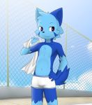  anthro blue_eyes blue_fur boxers_(clothing) clothing cub domestic_cat felid feline felis fur hand_on_hip haziq(hazumazu) hazumazu male mammal red_pupils solo standing towel underwear young 